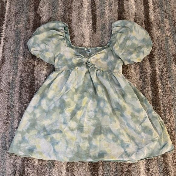 Future Collective Dresses & Skirts - Future Collective Green & Blue Watercolor Tie-Dye Puff Sleeve Mini Fairy Dress 1